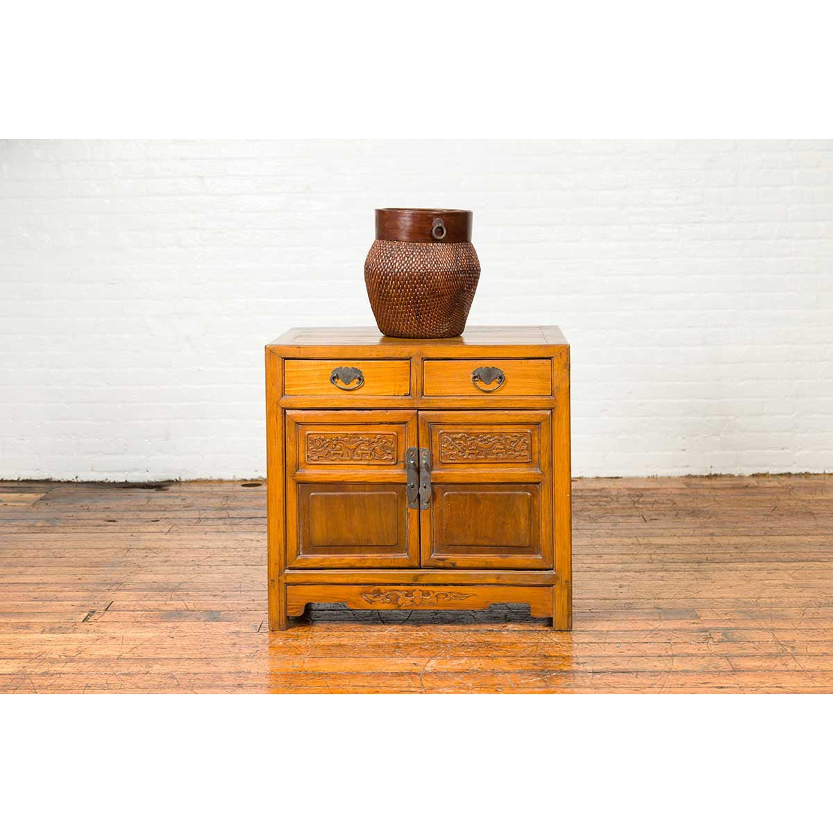 Antique Chinese Side Chest with Carved Motifs, Two Drawers and Double Doors-3. Asian & Chinese Furniture, Art, Antiques, Vintage Home Décor for sale at FEA Home