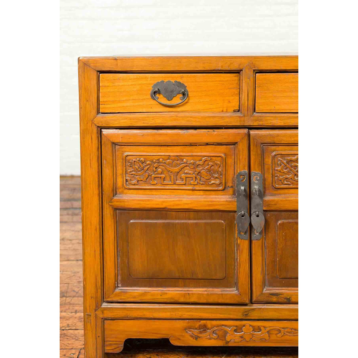 Antique Chinese Side Chest with Carved Motifs, Two Drawers and Double Doors-5. Asian & Chinese Furniture, Art, Antiques, Vintage Home Décor for sale at FEA Home