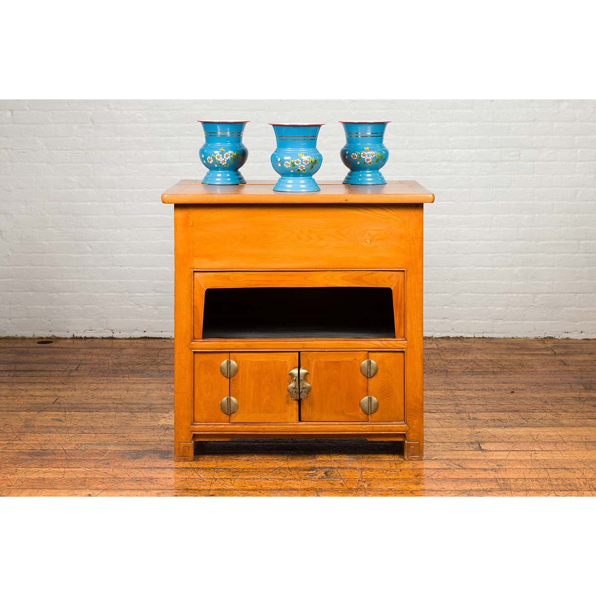 Chinese Vintage Natural Elmwood Console Cabinet with Removable Top and Doors-3. Asian & Chinese Furniture, Art, Antiques, Vintage Home Décor for sale at FEA Home