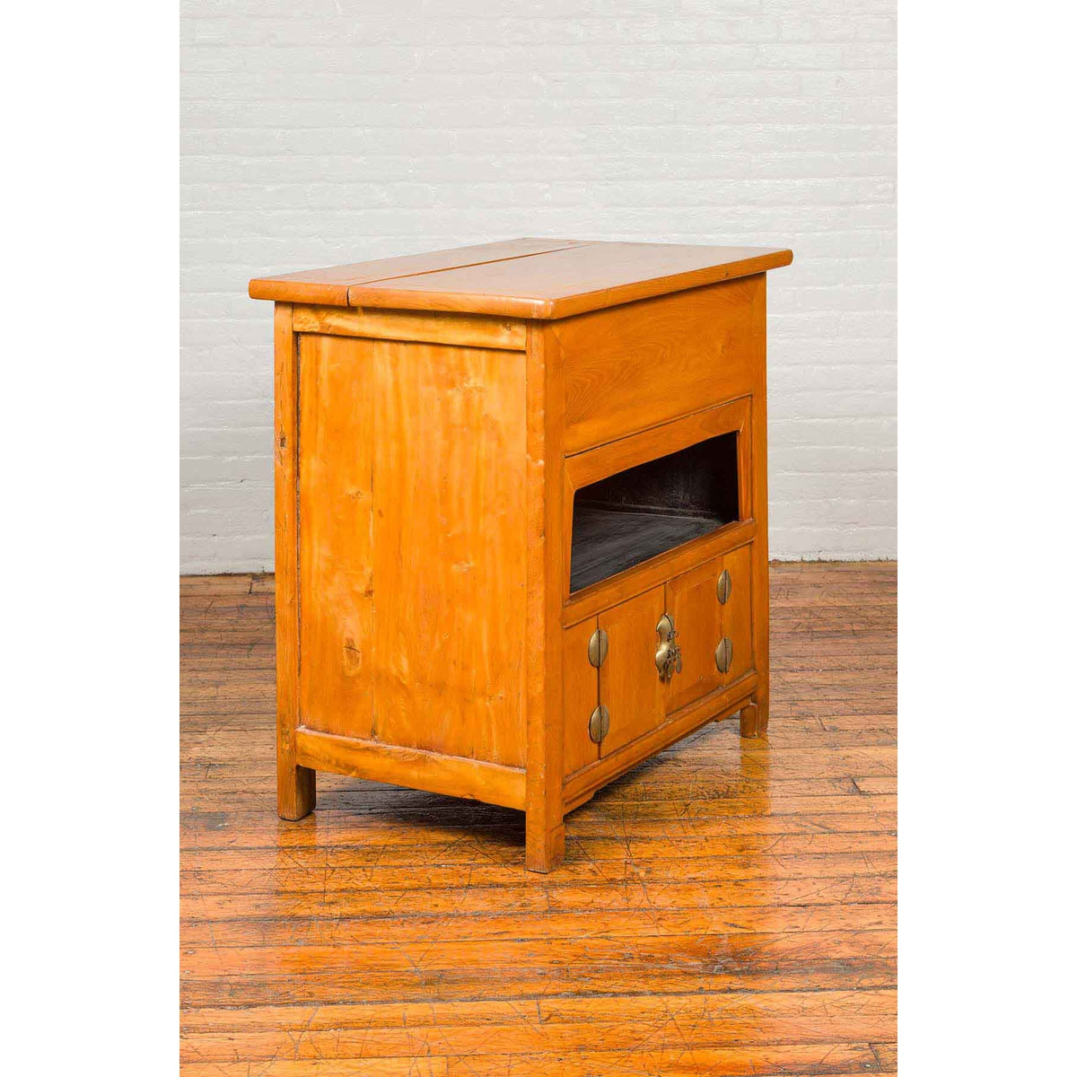 Chinese Vintage Natural Elmwood Console Cabinet with Removable Top and Doors-13. Asian & Chinese Furniture, Art, Antiques, Vintage Home Décor for sale at FEA Home