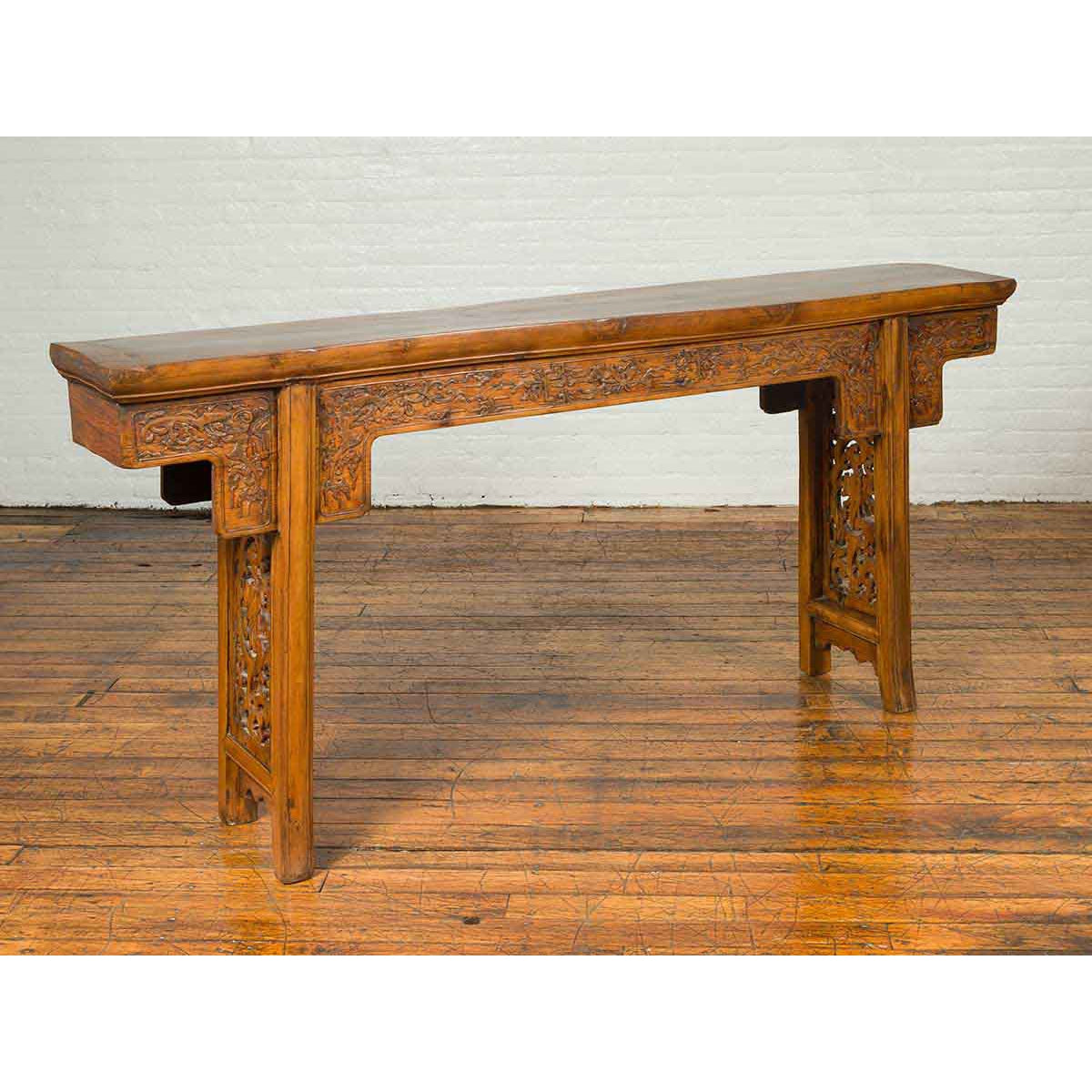 Chinese Ming Style Altar Table with Foliage Carved Frieze and Open Fretwork-5. Asian & Chinese Furniture, Art, Antiques, Vintage Home Décor for sale at FEA Home