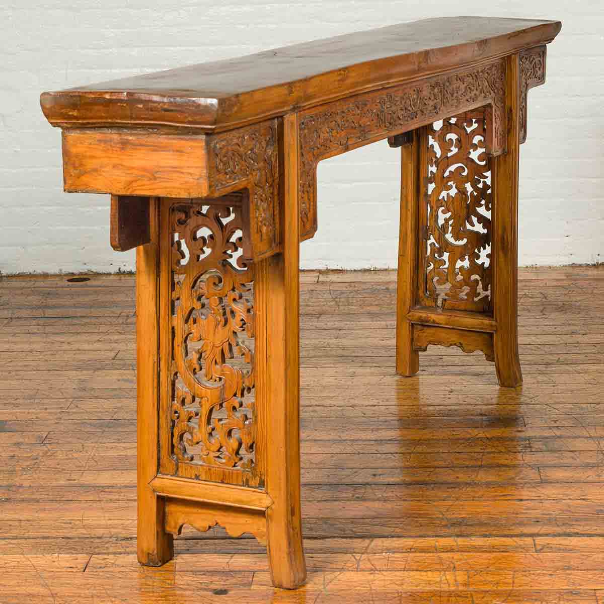 Chinese Ming Style Altar Table with Foliage Carved Frieze and Open Fretwork-12. Asian & Chinese Furniture, Art, Antiques, Vintage Home Décor for sale at FEA Home