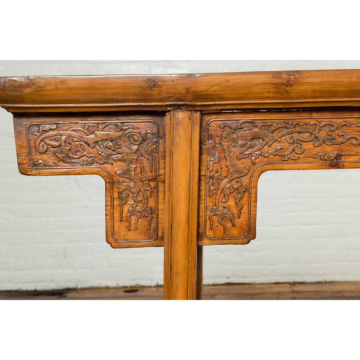 Chinese Ming Style Altar Table with Foliage Carved Frieze and Open Fretwork-6. Asian & Chinese Furniture, Art, Antiques, Vintage Home Décor for sale at FEA Home