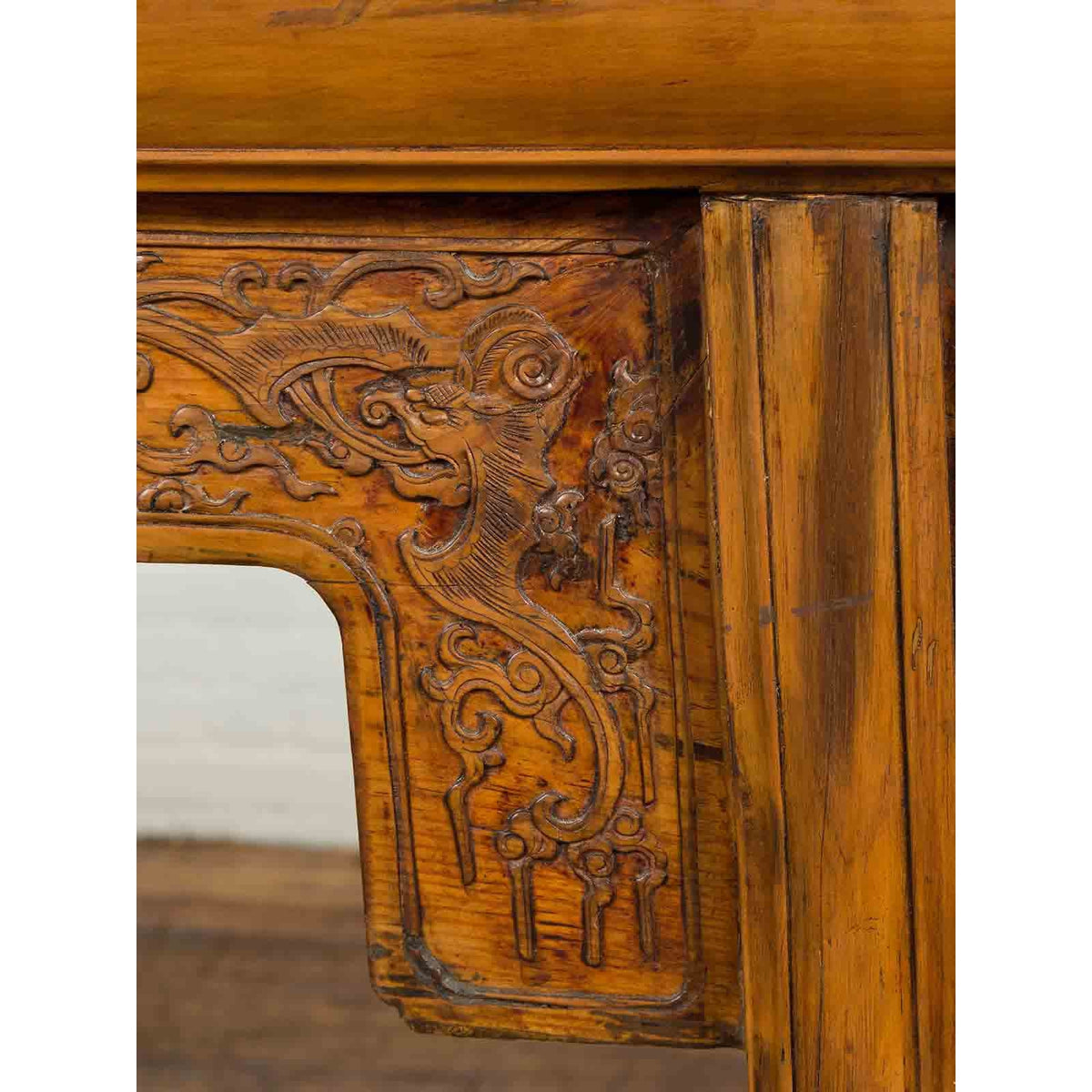 Chinese Ming Style Altar Table with Foliage Carved Frieze and Open Fretwork-13. Asian & Chinese Furniture, Art, Antiques, Vintage Home Décor for sale at FEA Home