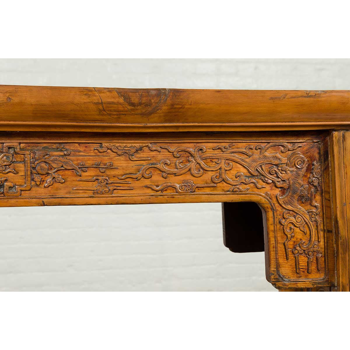 Chinese Ming Style Altar Table with Foliage Carved Frieze and Open Fretwork-10. Asian & Chinese Furniture, Art, Antiques, Vintage Home Décor for sale at FEA Home