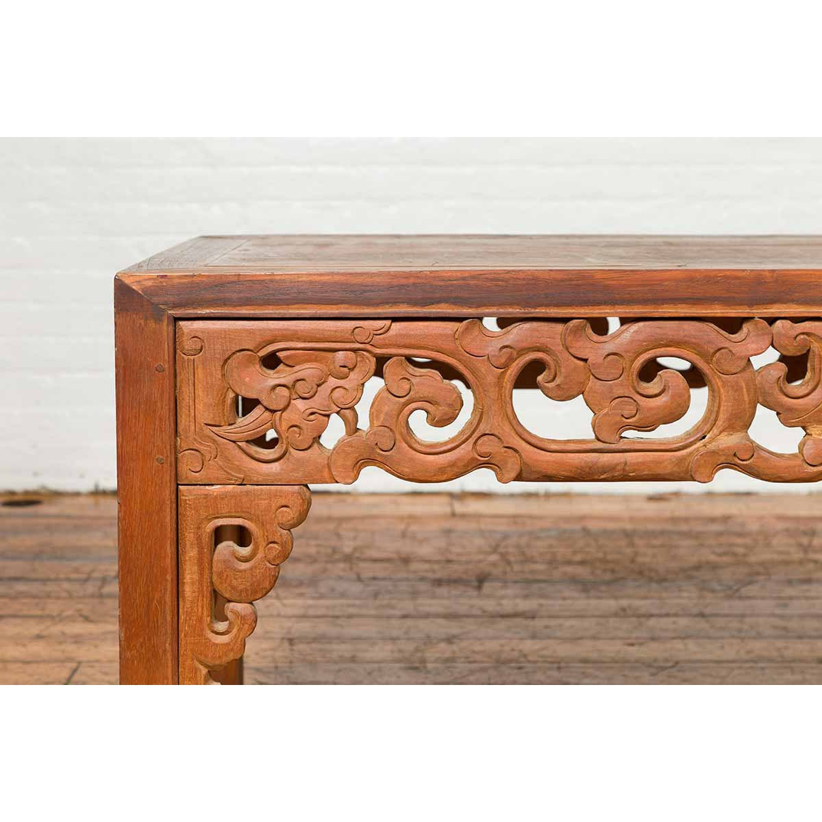 Thai Teak Wood Side Table with Cloud Carved Apron and Horse Hoof Feet-10. Asian & Chinese Furniture, Art, Antiques, Vintage Home Décor for sale at FEA Home