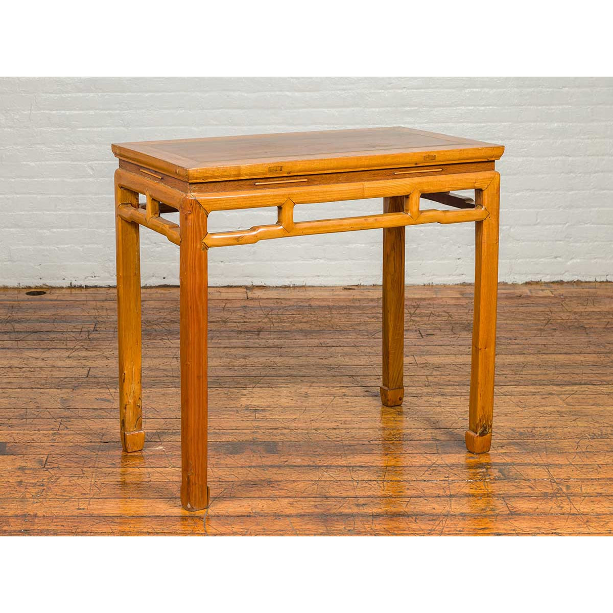 Chinese Ming Dynasty Style Vintage Elm Waisted Table with Humpbacked Stretcher-10. Asian & Chinese Furniture, Art, Antiques, Vintage Home Décor for sale at FEA Home