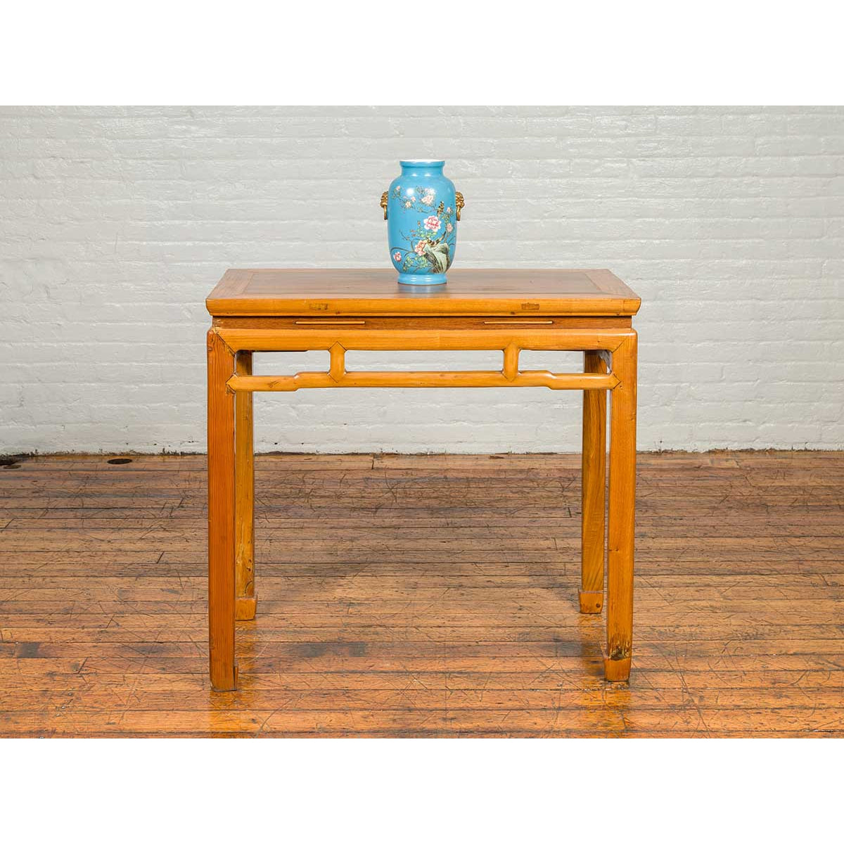 Chinese Ming Dynasty Style Vintage Elm Waisted Table with Humpbacked Stretcher-3. Asian & Chinese Furniture, Art, Antiques, Vintage Home Décor for sale at FEA Home