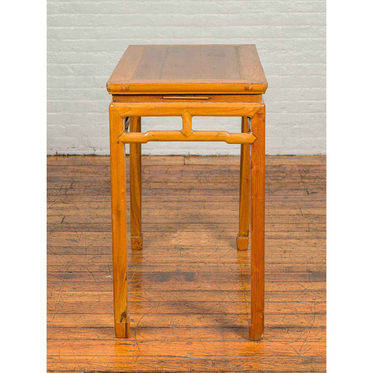 Chinese Ming Dynasty Style Vintage Elm Waisted Table with Humpbacked Stretcher-5. Asian & Chinese Furniture, Art, Antiques, Vintage Home Décor for sale at FEA Home
