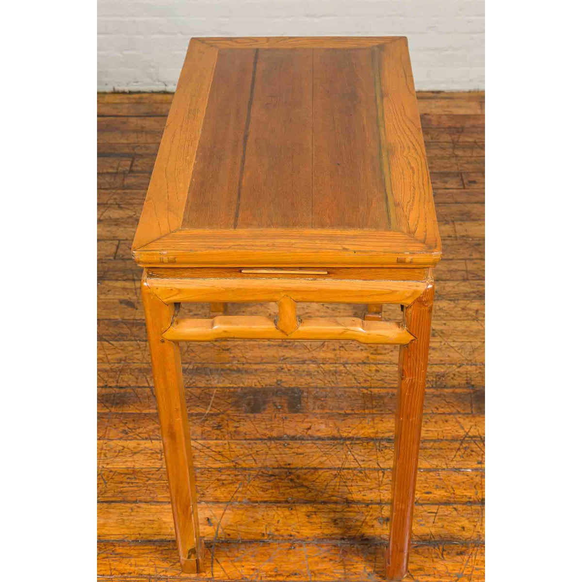 Chinese Ming Dynasty Style Vintage Elm Waisted Table with Humpbacked Stretcher-11. Asian & Chinese Furniture, Art, Antiques, Vintage Home Décor for sale at FEA Home