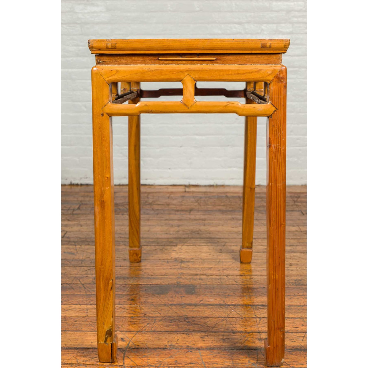 Chinese Ming Dynasty Style Vintage Elm Waisted Table with Humpbacked Stretcher-6. Asian & Chinese Furniture, Art, Antiques, Vintage Home Décor for sale at FEA Home