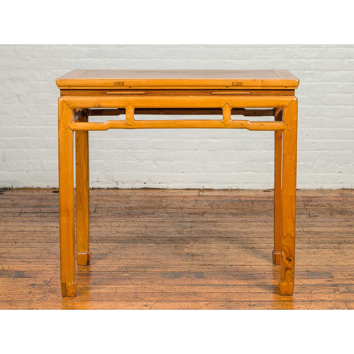 Chinese Ming Dynasty Style Vintage Elm Waisted Table with Humpbacked Stretcher-12. Asian & Chinese Furniture, Art, Antiques, Vintage Home Décor for sale at FEA Home