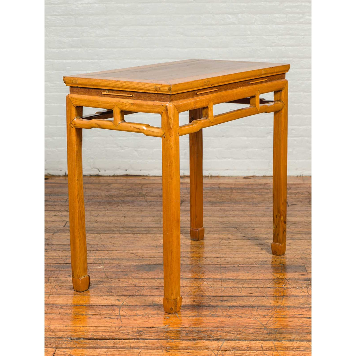 Chinese Ming Dynasty Style Vintage Elm Waisted Table with Humpbacked Stretcher-4. Asian & Chinese Furniture, Art, Antiques, Vintage Home Décor for sale at FEA Home