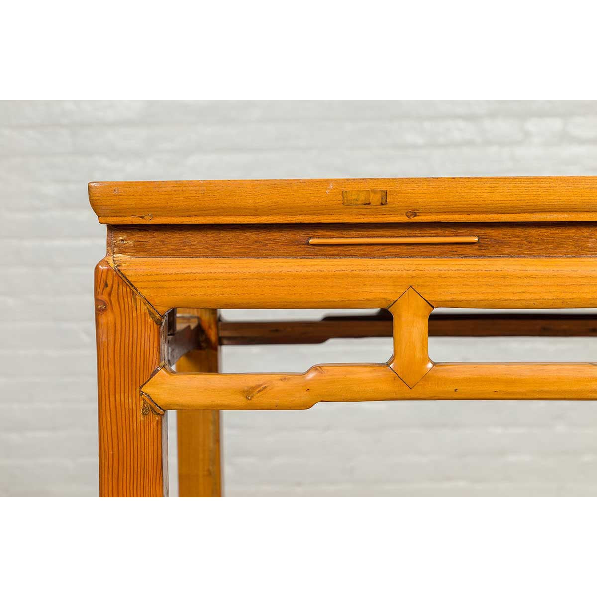 Chinese Ming Dynasty Style Vintage Elm Waisted Table with Humpbacked Stretcher-7. Asian & Chinese Furniture, Art, Antiques, Vintage Home Décor for sale at FEA Home