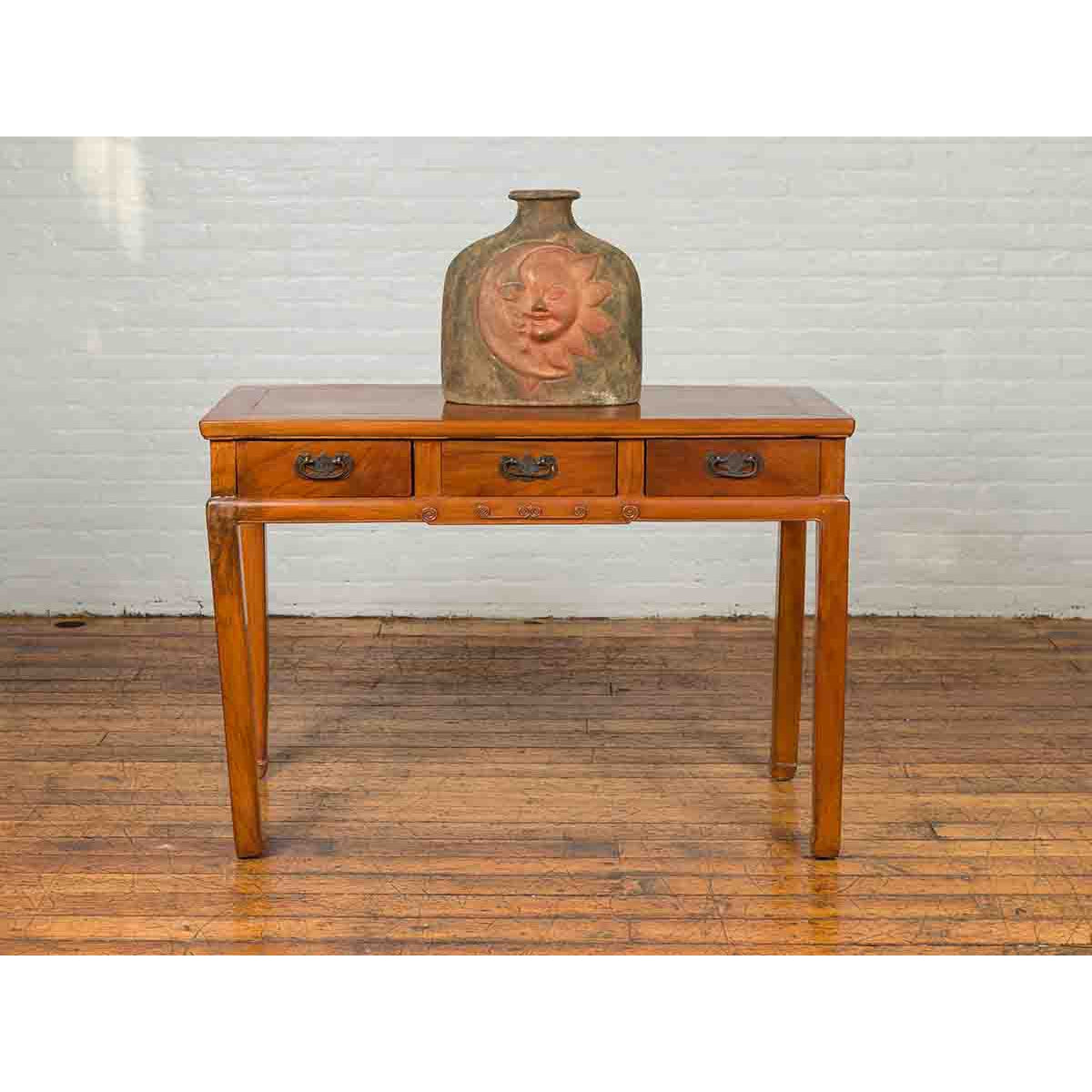 Vintage Chinese Elm Desk with Three Drawers, Iron Hardware and Swirling Motifs-13. Asian & Chinese Furniture, Art, Antiques, Vintage Home Décor for sale at FEA Home