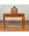 Vintage Chinese Elm Desk with Three Drawers, Iron Hardware and Swirling Motifs-13. Asian & Chinese Furniture, Art, Antiques, Vintage Home Décor for sale at FEA Home