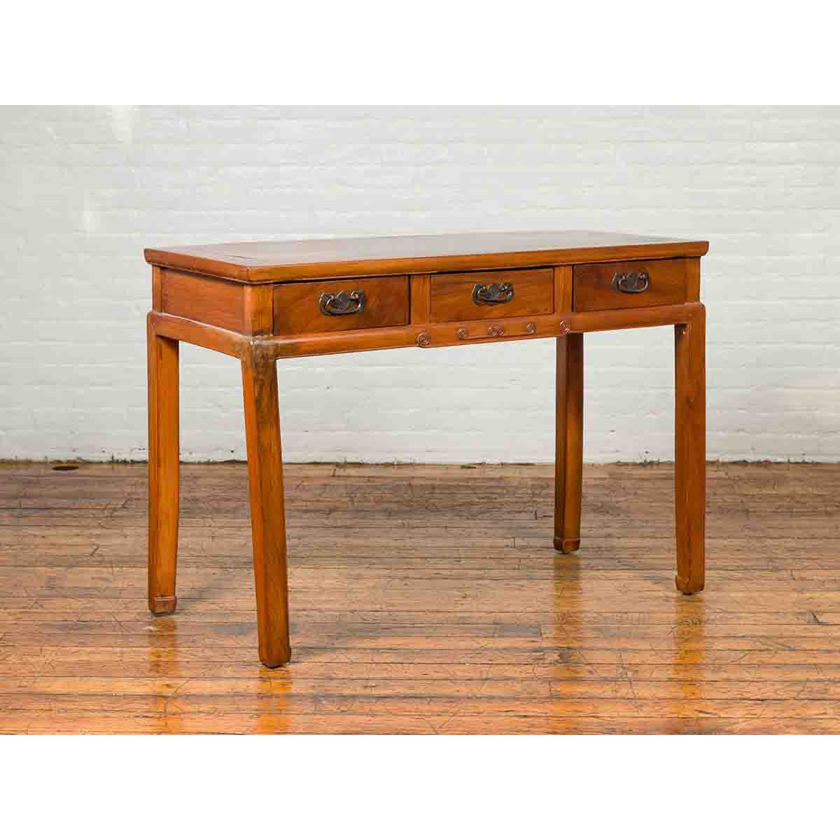 Vintage Chinese Elm Desk with Three Drawers, Iron Hardware and Swirling Motifs-14. Asian & Chinese Furniture, Art, Antiques, Vintage Home Décor for sale at FEA Home