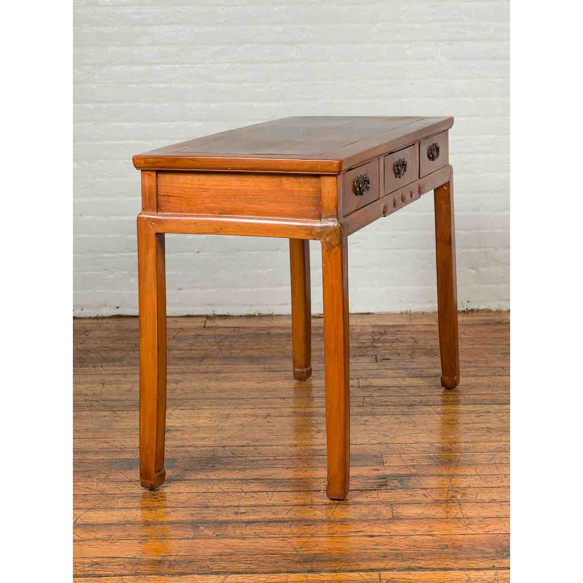 Vintage Chinese Elm Desk with Three Drawers, Iron Hardware and Swirling Motifs-3. Asian & Chinese Furniture, Art, Antiques, Vintage Home Décor for sale at FEA Home