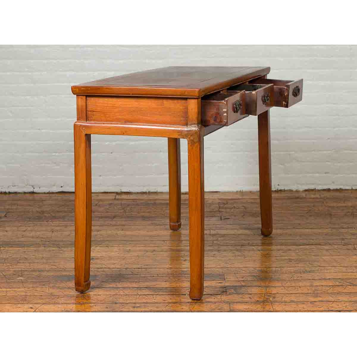 Vintage Chinese Elm Desk with Three Drawers, Iron Hardware and Swirling Motifs-4. Asian & Chinese Furniture, Art, Antiques, Vintage Home Décor for sale at FEA Home