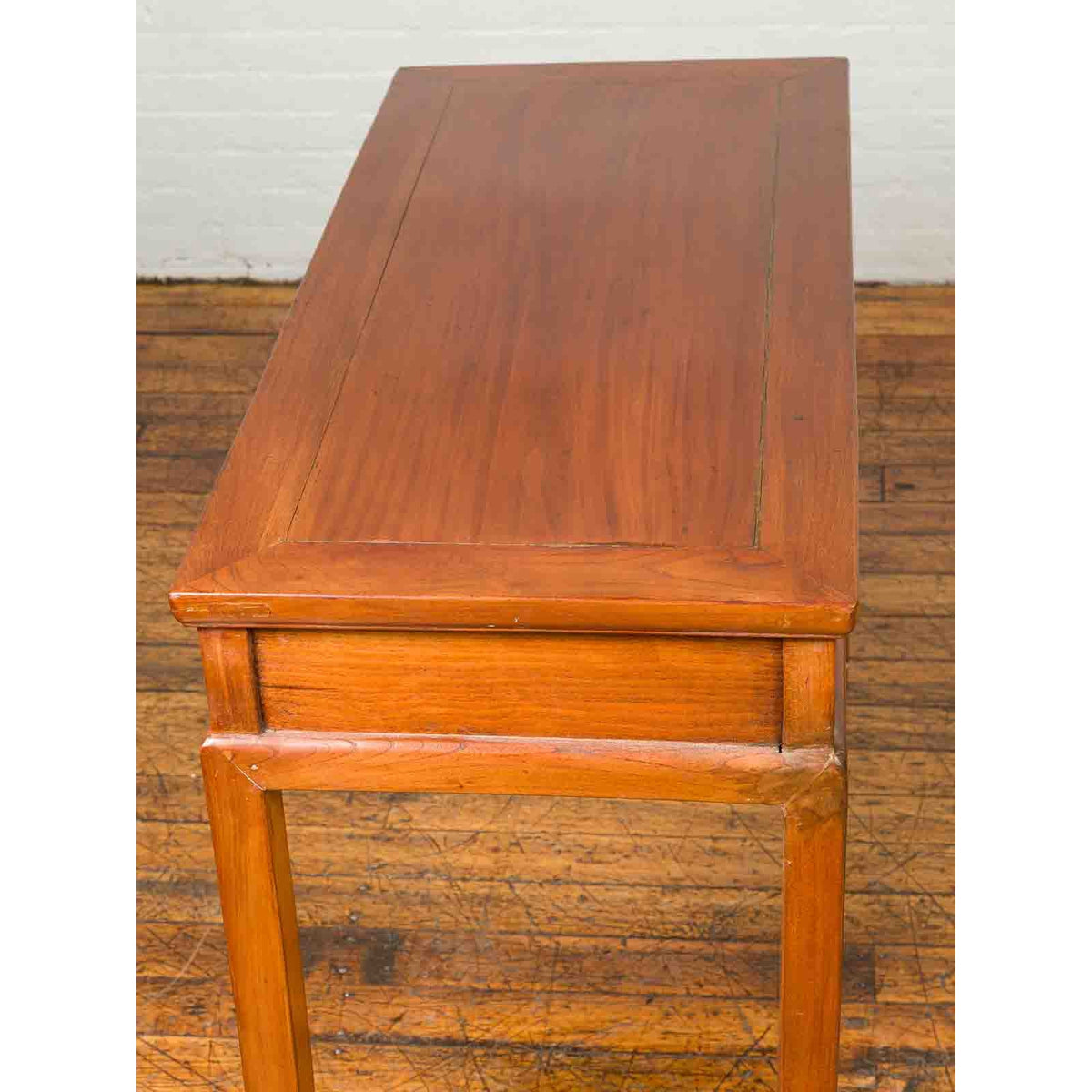 Vintage Chinese Elm Desk with Three Drawers, Iron Hardware and Swirling Motifs-10. Asian & Chinese Furniture, Art, Antiques, Vintage Home Décor for sale at FEA Home