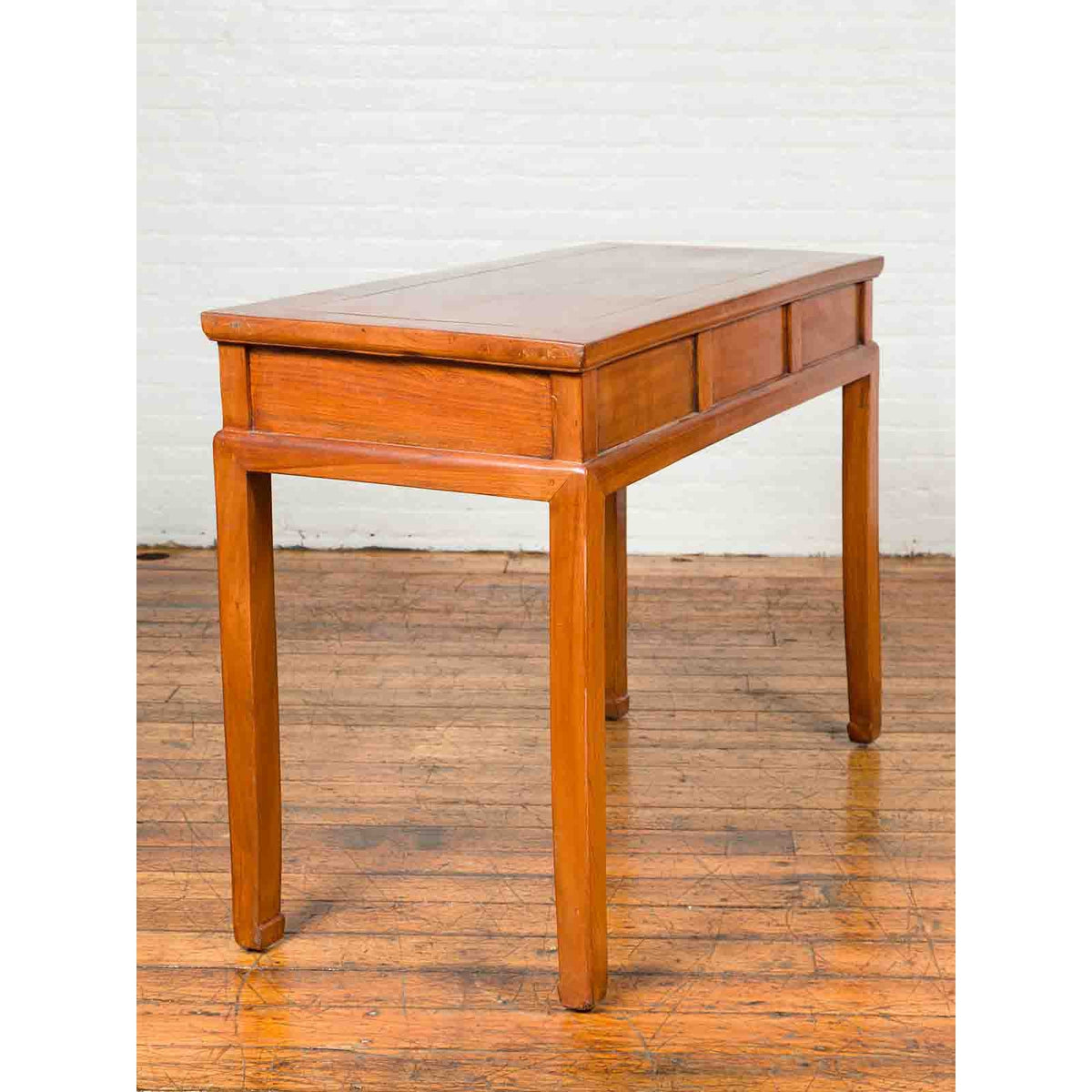 Vintage Chinese Elm Desk with Three Drawers, Iron Hardware and Swirling Motifs-8. Asian & Chinese Furniture, Art, Antiques, Vintage Home Décor for sale at FEA Home