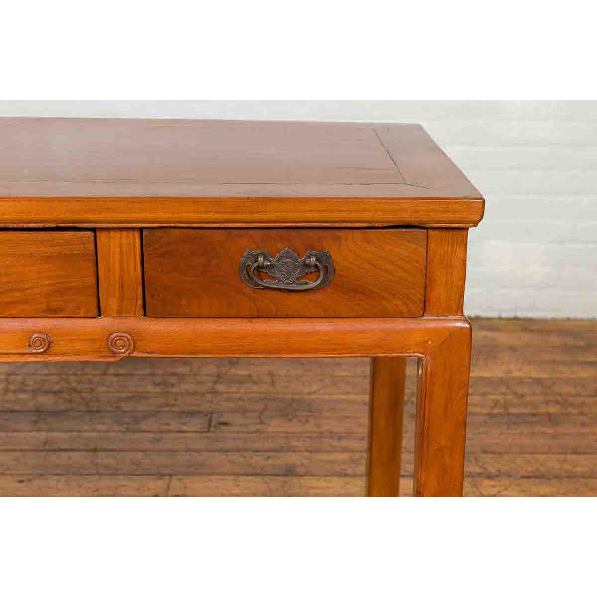 Vintage Chinese Elm Desk with Three Drawers, Iron Hardware and Swirling Motifs-7. Asian & Chinese Furniture, Art, Antiques, Vintage Home Décor for sale at FEA Home
