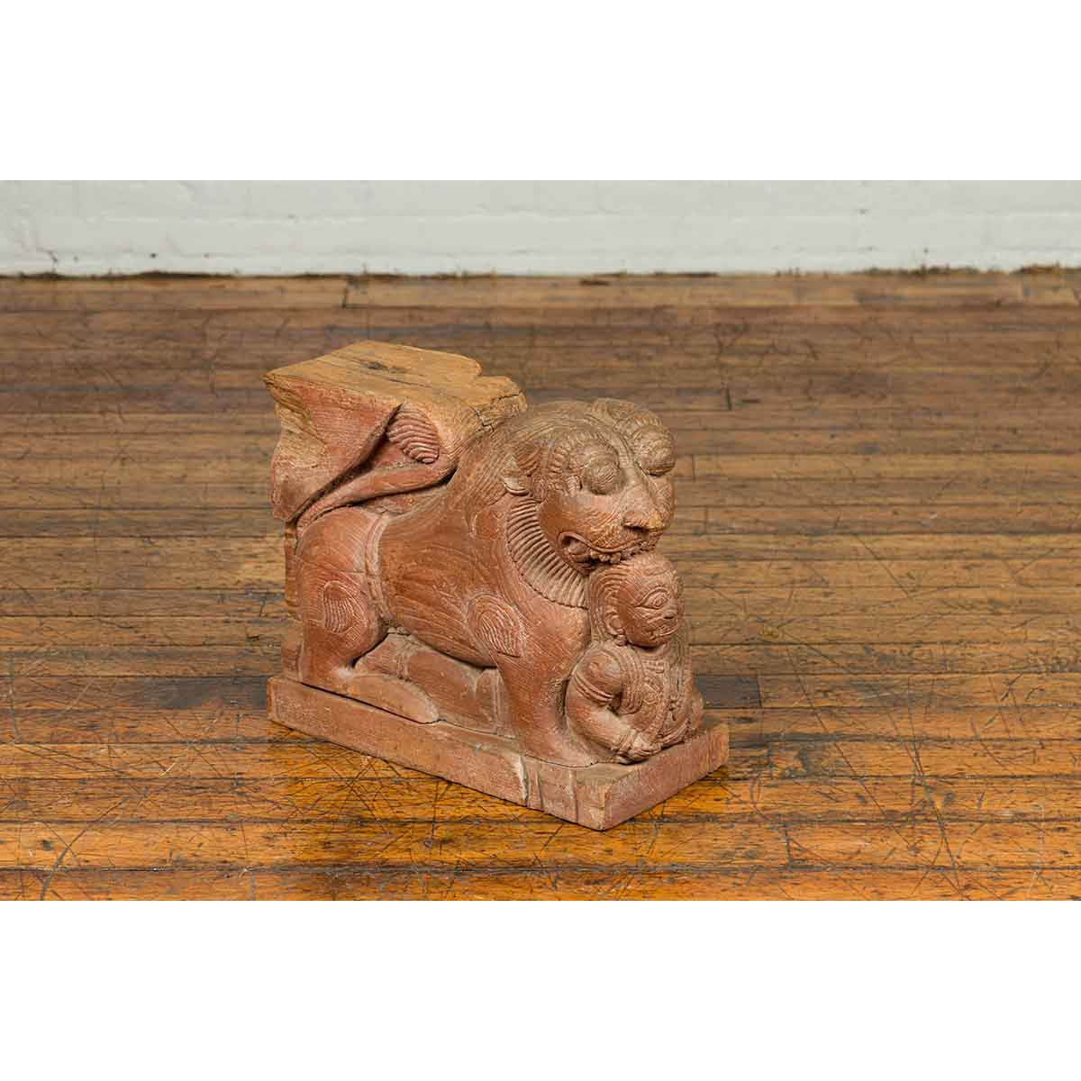 Indian 18th Century Teak Guardian Lion Carving with Traces of Original Paint-4. Asian & Chinese Furniture, Art, Antiques, Vintage Home Décor for sale at FEA Home