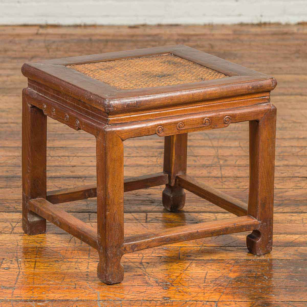 Antique Chinese Ming Style Waisted Stool with Horsehoof Legs and Rattan Inset-2. Asian & Chinese Furniture, Art, Antiques, Vintage Home Décor for sale at FEA Home