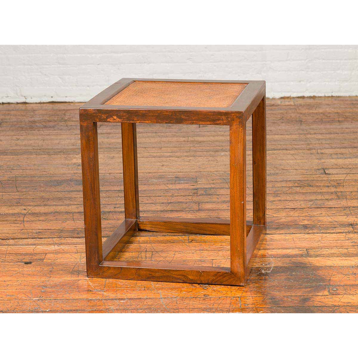 Chinese Vintage Cubic Side Table with Rattan Top, Straight Legs and Stretchers-7. Asian & Chinese Furniture, Art, Antiques, Vintage Home Décor for sale at FEA Home