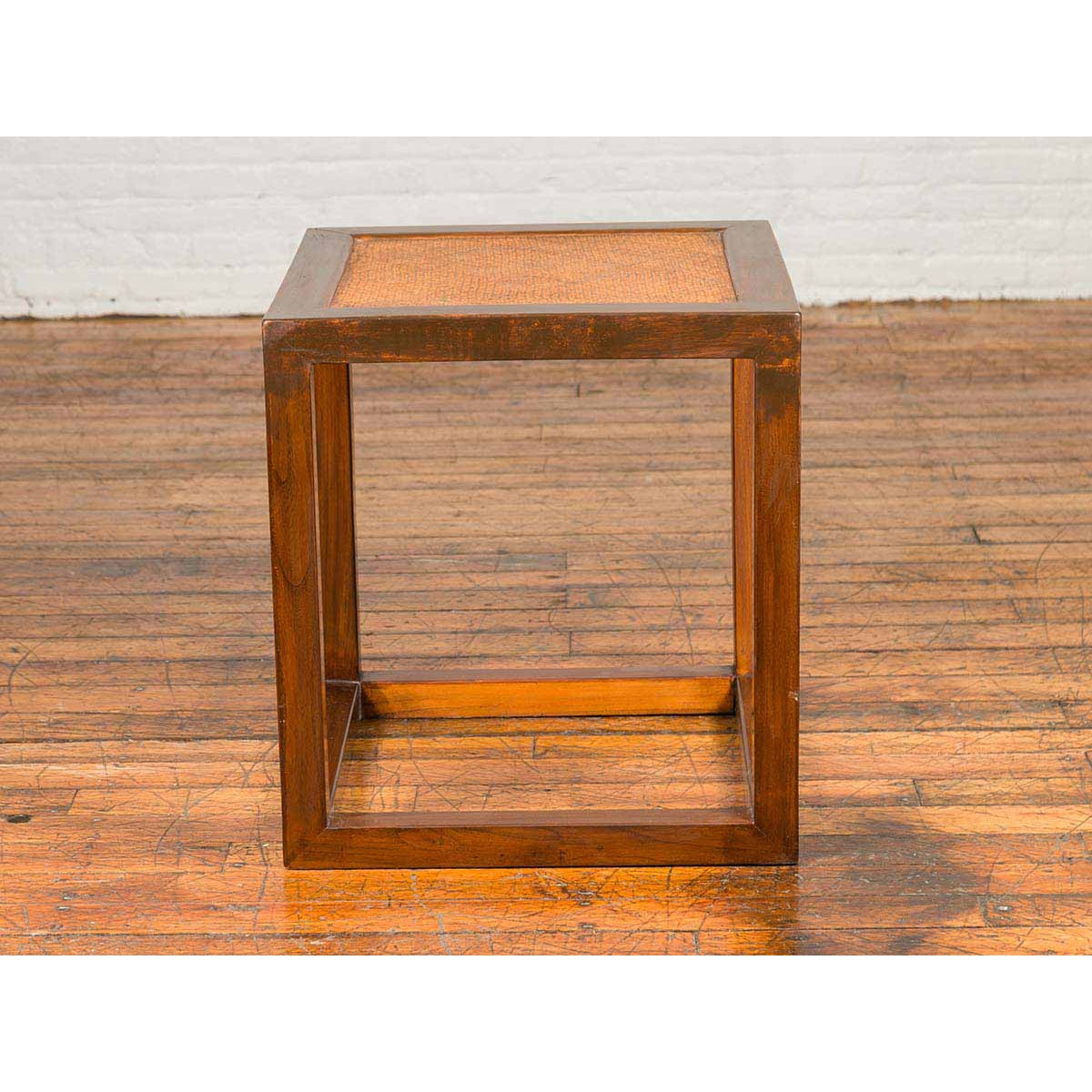 Chinese Vintage Cubic Side Table with Rattan Top, Straight Legs and Stretchers-8. Asian & Chinese Furniture, Art, Antiques, Vintage Home Décor for sale at FEA Home