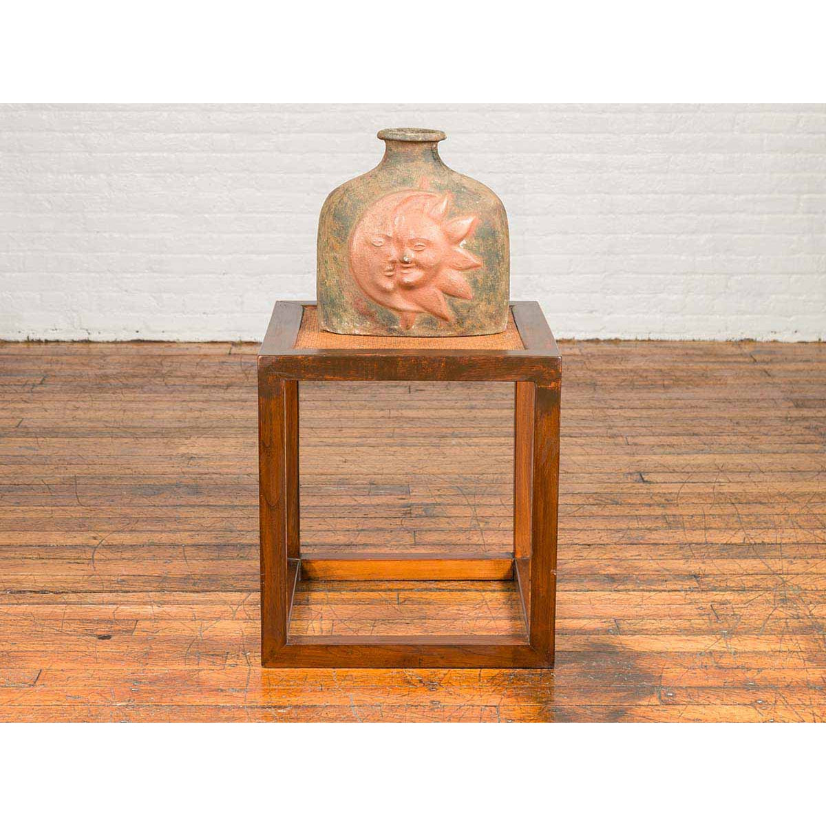 Chinese Vintage Cubic Side Table with Rattan Top, Straight Legs and Stretchers-3. Asian & Chinese Furniture, Art, Antiques, Vintage Home Décor for sale at FEA Home