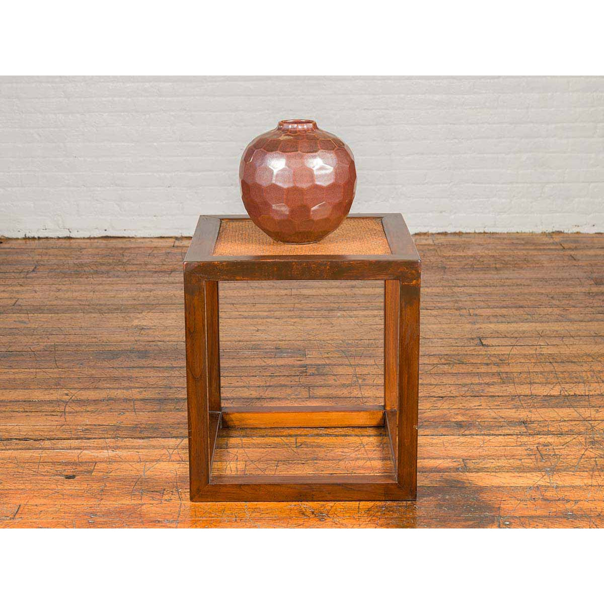 Chinese Vintage Cubic Side Table with Rattan Top, Straight Legs and Stretchers-4. Asian & Chinese Furniture, Art, Antiques, Vintage Home Décor for sale at FEA Home