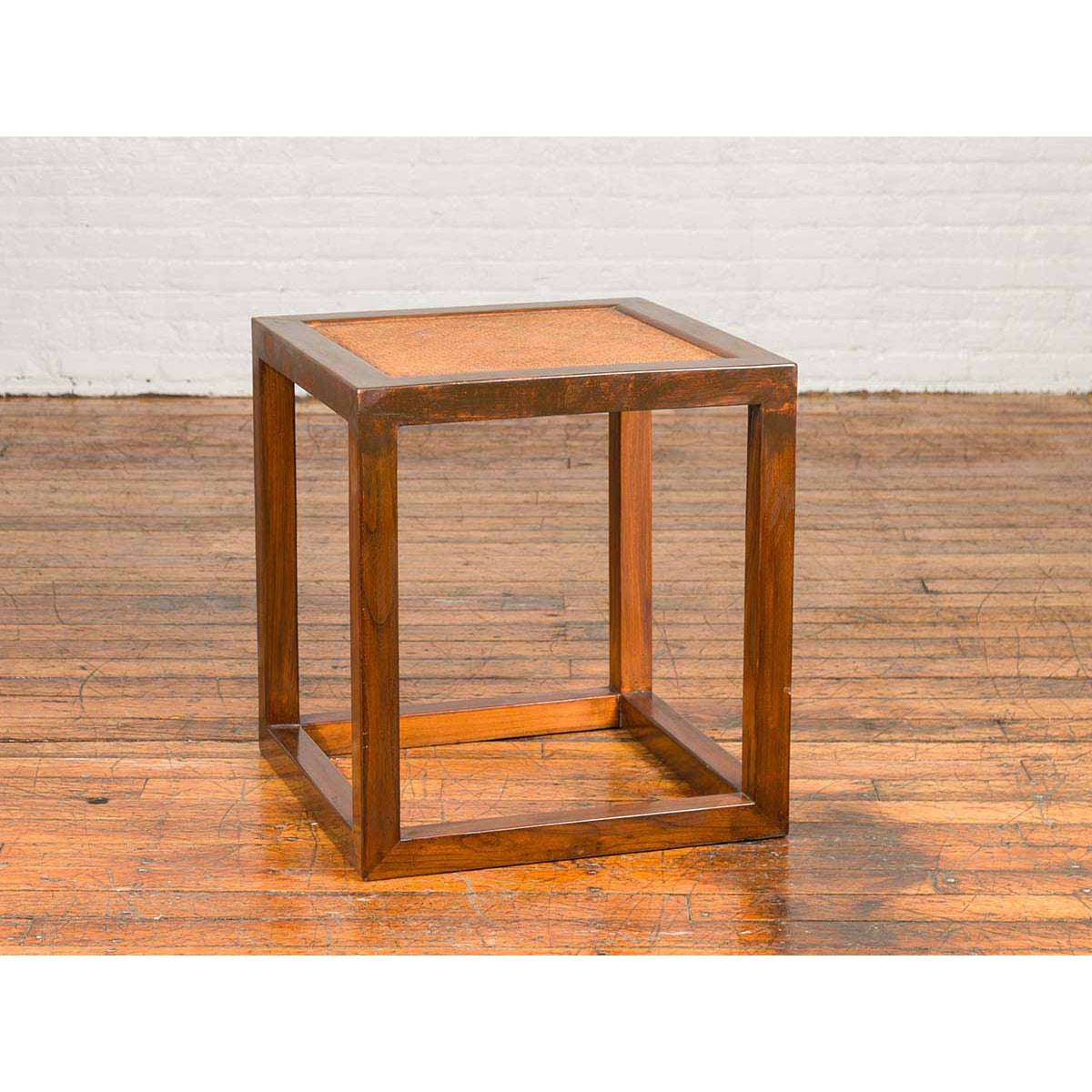 Chinese Vintage Cubic Side Table with Rattan Top, Straight Legs and Stretchers-9. Asian & Chinese Furniture, Art, Antiques, Vintage Home Décor for sale at FEA Home