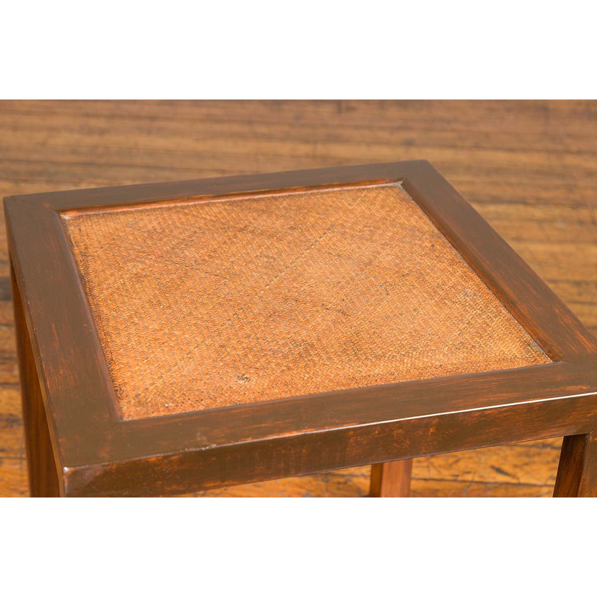 Chinese Vintage Cubic Side Table with Rattan Top, Straight Legs and Stretchers-6. Asian & Chinese Furniture, Art, Antiques, Vintage Home Décor for sale at FEA Home
