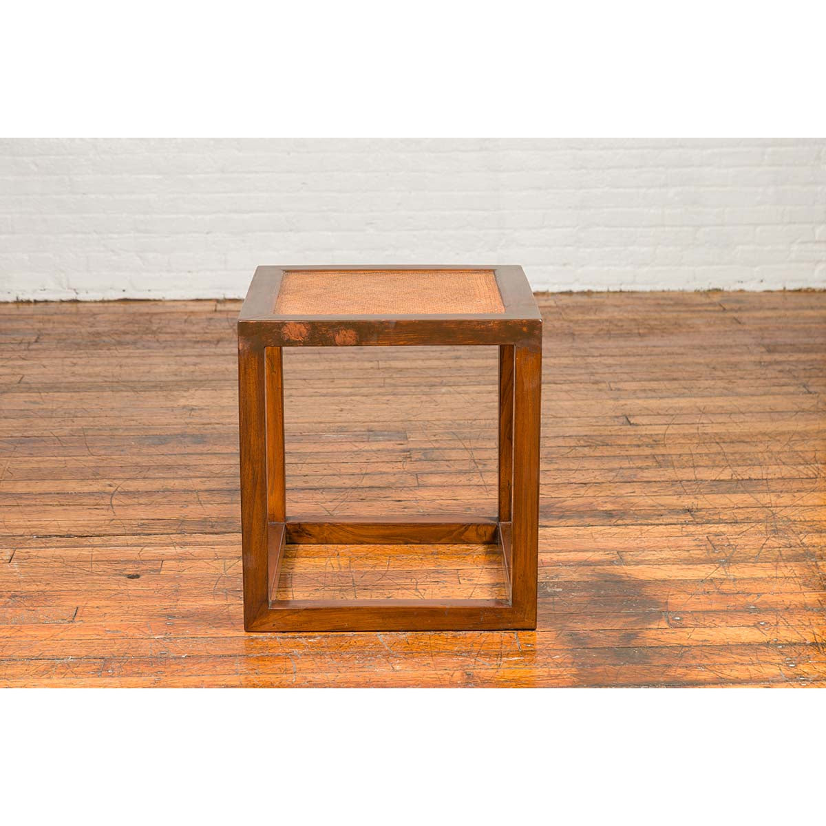 Chinese Vintage Cubic Side Table with Rattan Top, Straight Legs and Stretchers-5. Asian & Chinese Furniture, Art, Antiques, Vintage Home Décor for sale at FEA Home