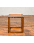 Chinese Vintage Cubic Side Table with Rattan Top, Straight Legs and Stretchers-5. Asian & Chinese Furniture, Art, Antiques, Vintage Home Décor for sale at FEA Home