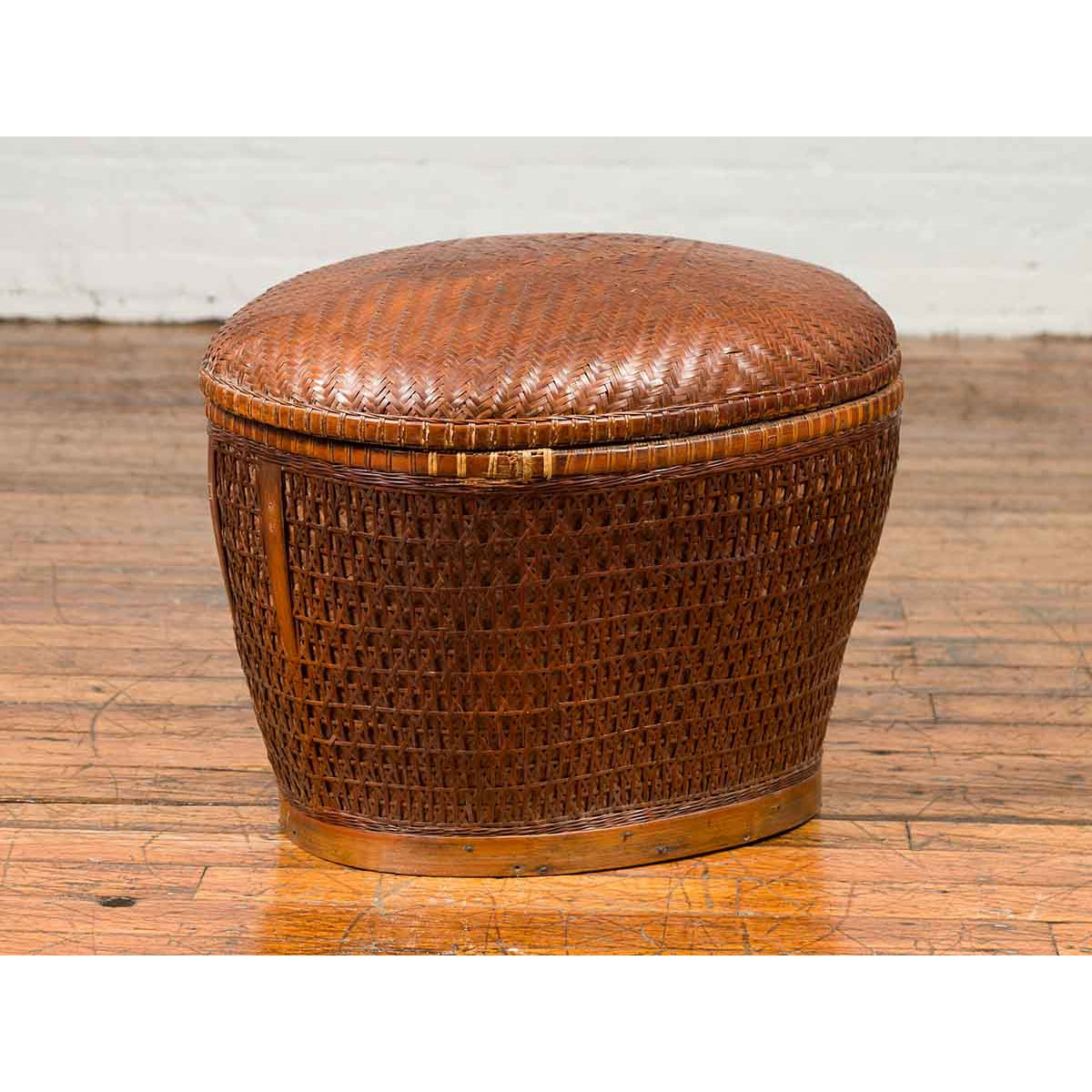 Vintage Chinese Oval Woven Rattan Basket with Lid and Geometric Motifs-8. Asian & Chinese Furniture, Art, Antiques, Vintage Home Décor for sale at FEA Home