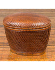 Vintage Chinese Oval Woven Rattan Basket with Lid and Geometric Motifs-9. Asian & Chinese Furniture, Art, Antiques, Vintage Home Décor for sale at FEA Home