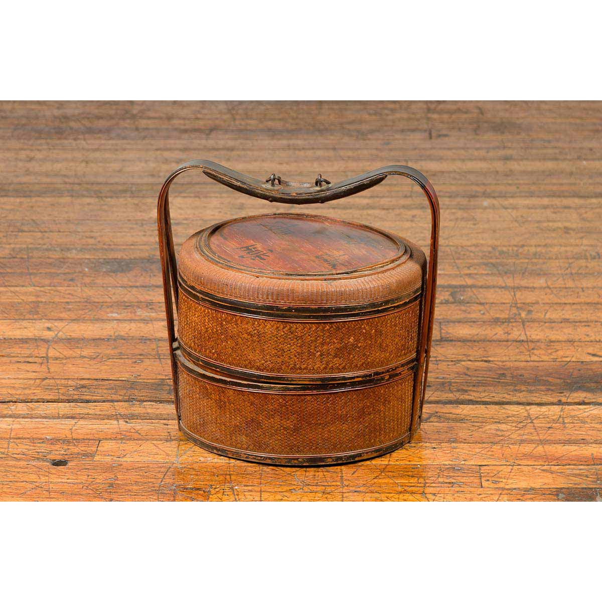 Antique Chinese Rattan Tiered Lunch Box with Carved Handle and Calligraphy-4. Asian & Chinese Furniture, Art, Antiques, Vintage Home Décor for sale at FEA Home