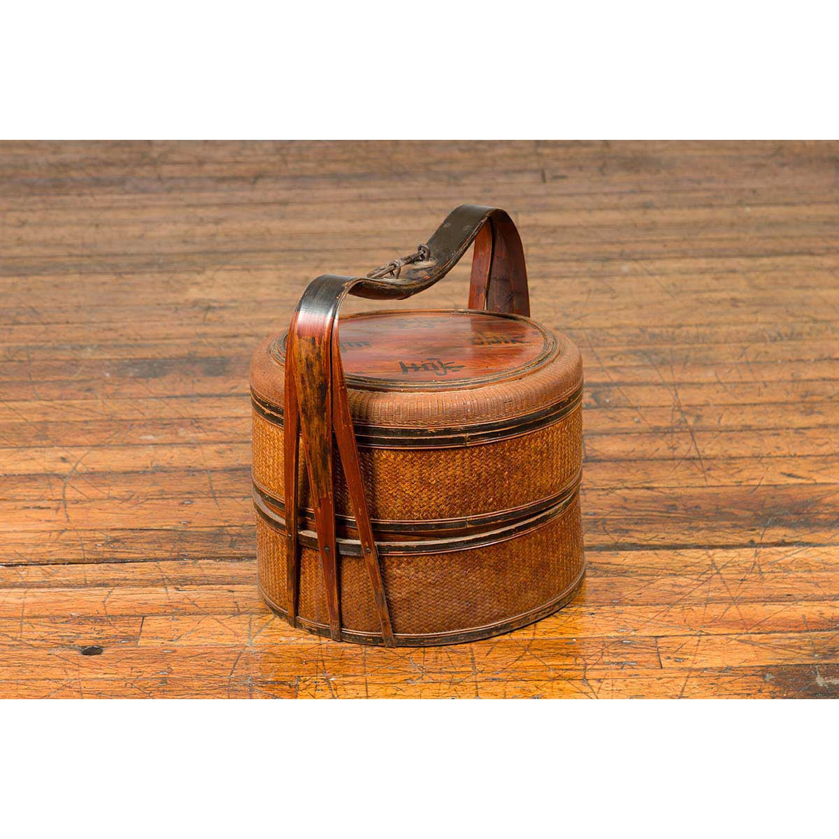 Antique Chinese Rattan Tiered Lunch Box with Carved Handle and Calligraphy-5. Asian & Chinese Furniture, Art, Antiques, Vintage Home Décor for sale at FEA Home