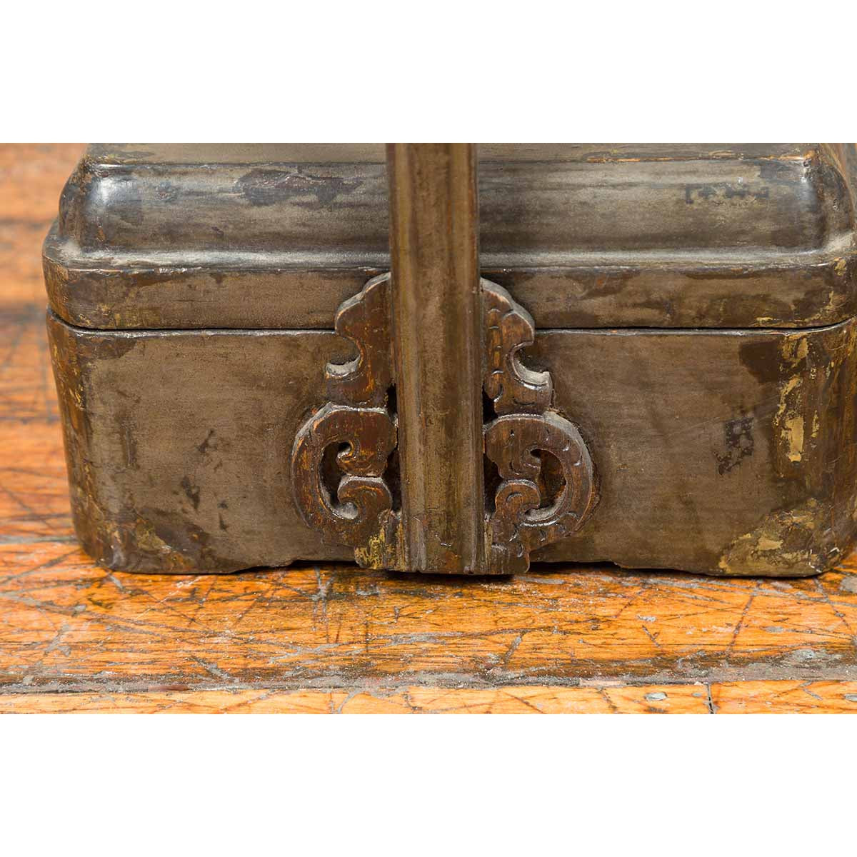 Chinese Antique Silver Colored Lidded Basket with Volutes and Distressed Finish-7. Asian & Chinese Furniture, Art, Antiques, Vintage Home Décor for sale at FEA Home