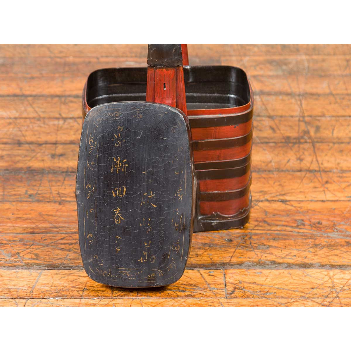 Chinese Red and Black Lacquered Tiered Lunch Box with Handle and Calligraphy-5. Asian & Chinese Furniture, Art, Antiques, Vintage Home Décor for sale at FEA Home