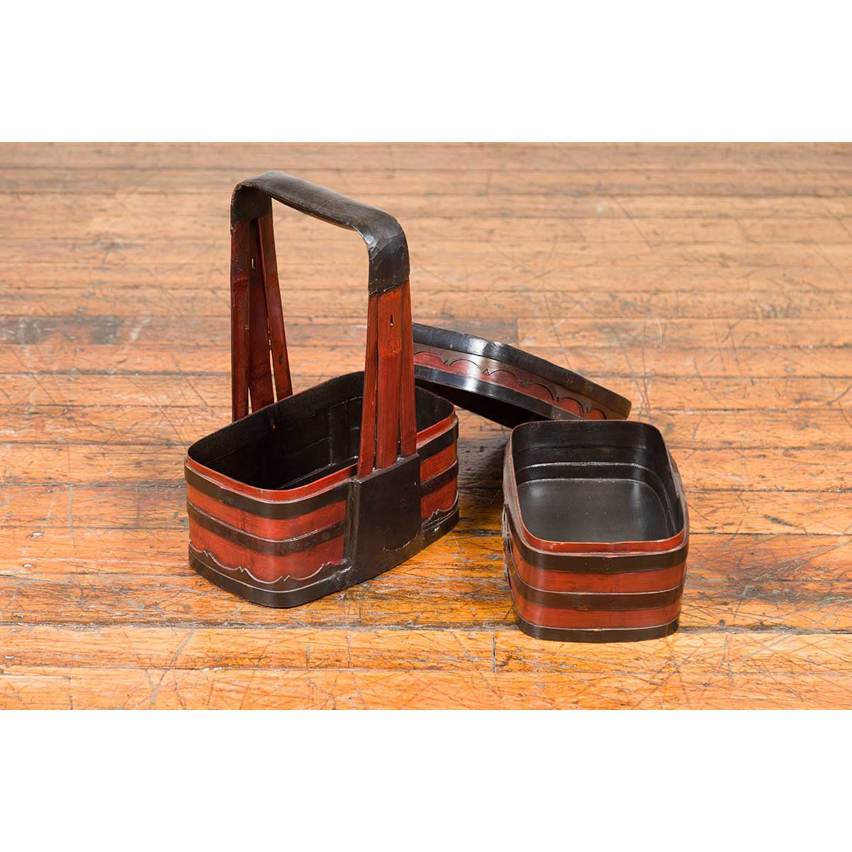 Chinese Red and Black Lacquered Tiered Lunch Box with Handle and Calligraphy-4. Asian & Chinese Furniture, Art, Antiques, Vintage Home Décor for sale at FEA Home