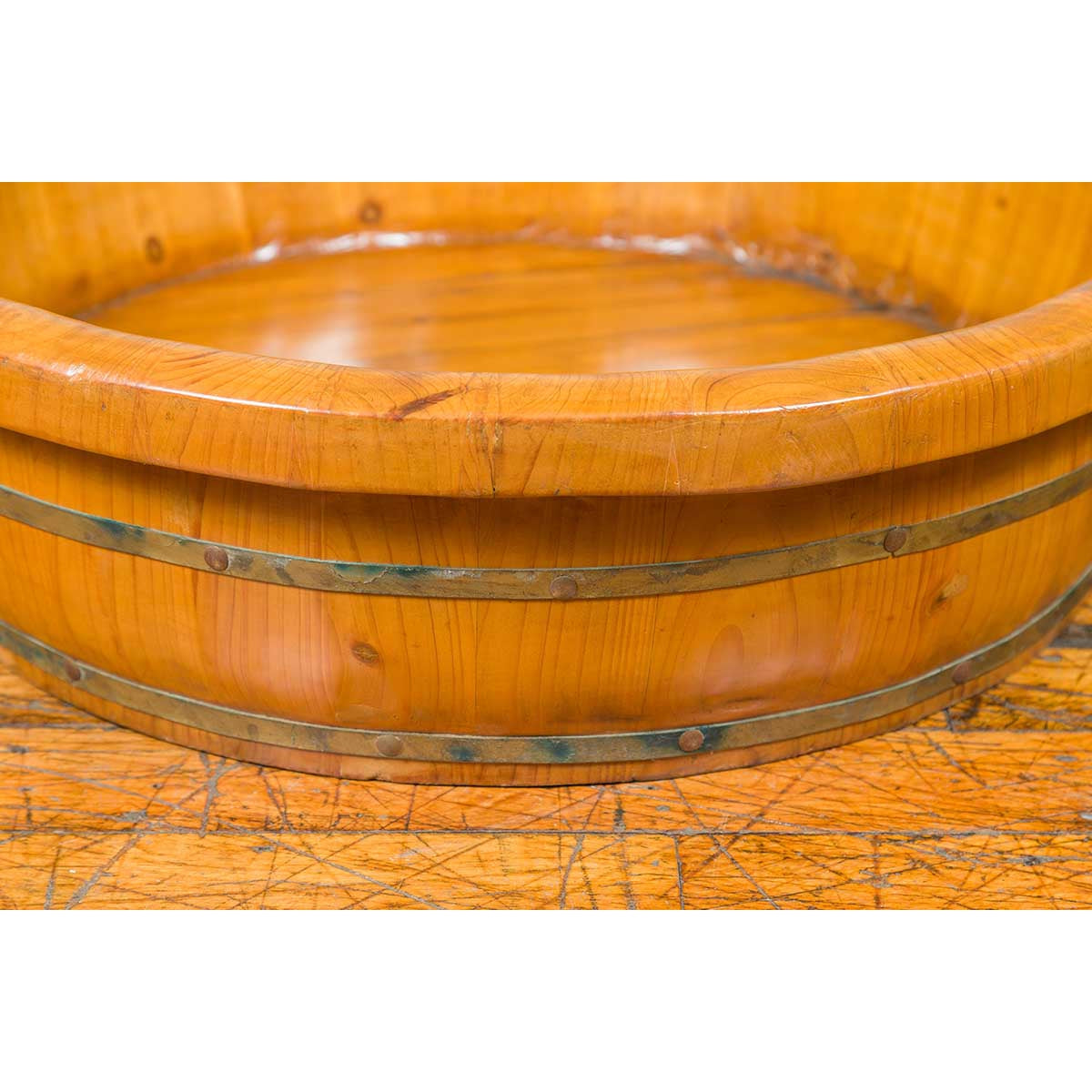Chinese Qing Dynasty Period 19th Century Elm Round Rice Tray with Brass Braces-7. Asian & Chinese Furniture, Art, Antiques, Vintage Home Décor for sale at FEA Home