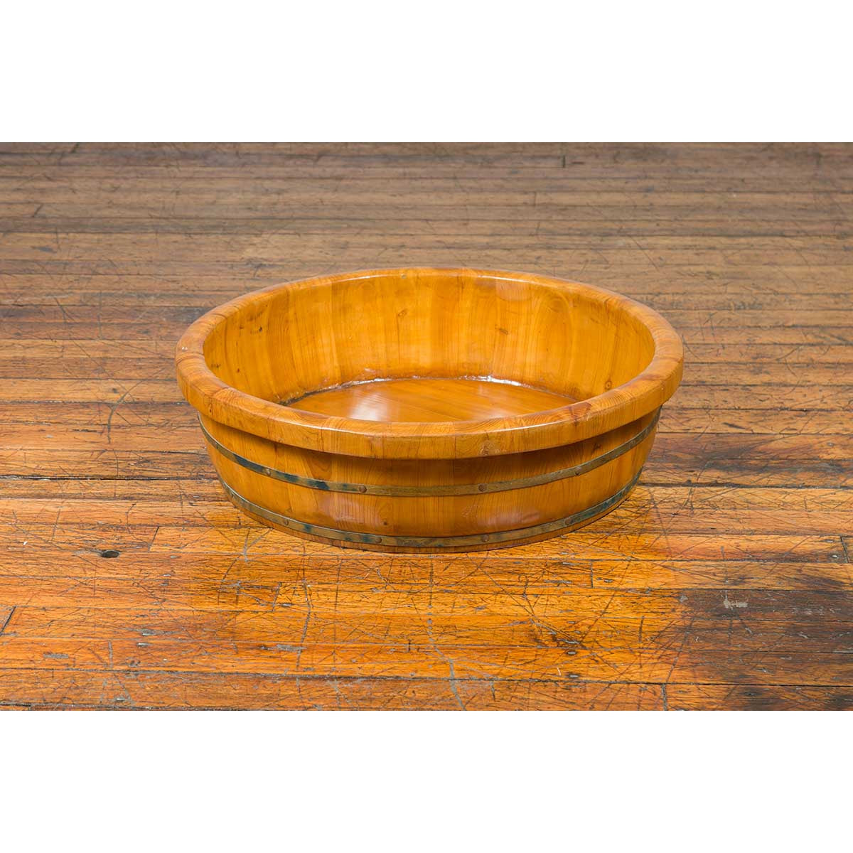 Chinese Qing Dynasty Period 19th Century Elm Round Rice Tray with Brass Braces-11. Asian & Chinese Furniture, Art, Antiques, Vintage Home Décor for sale at FEA Home