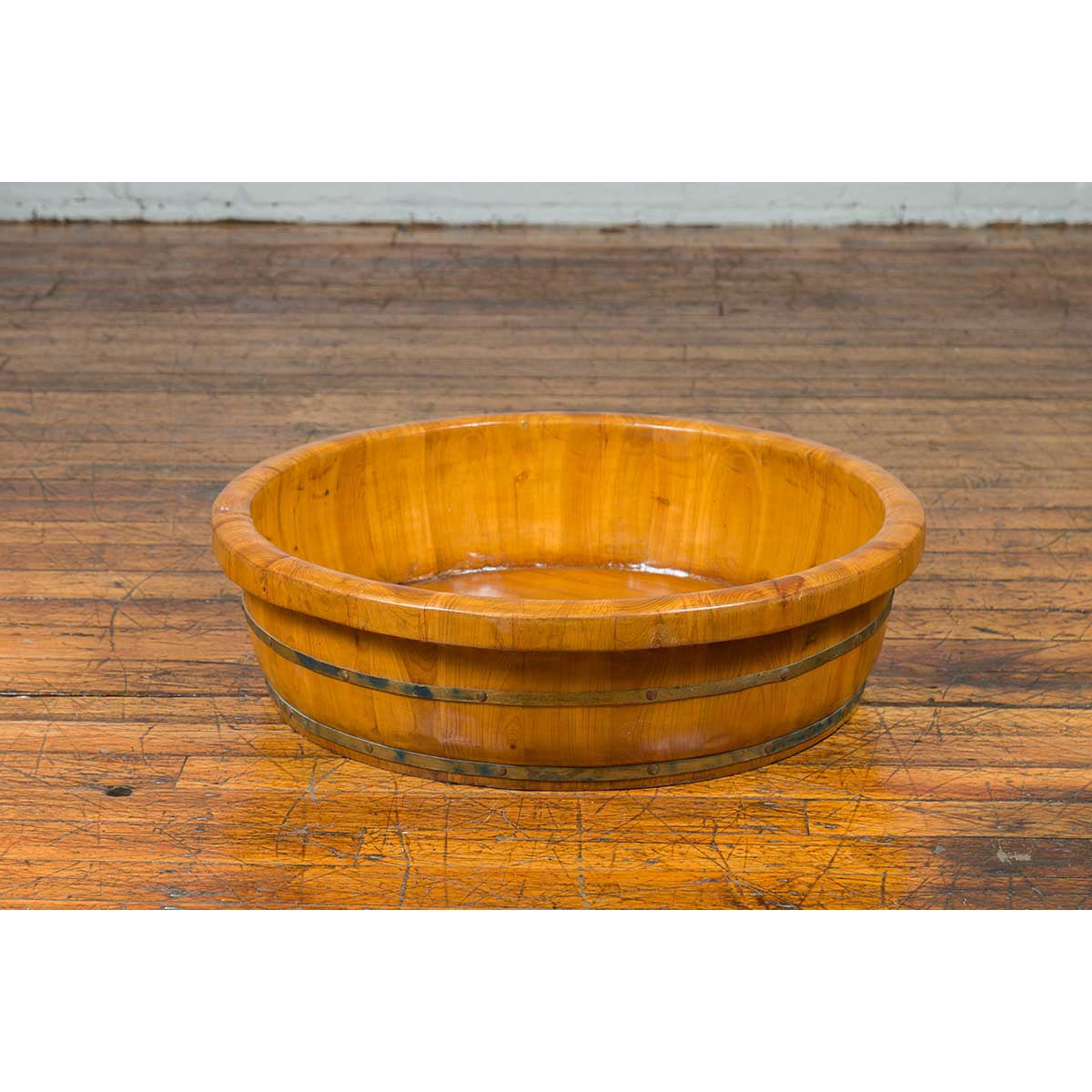Chinese Qing Dynasty Period 19th Century Elm Round Rice Tray with Brass Braces-12. Asian & Chinese Furniture, Art, Antiques, Vintage Home Décor for sale at FEA Home