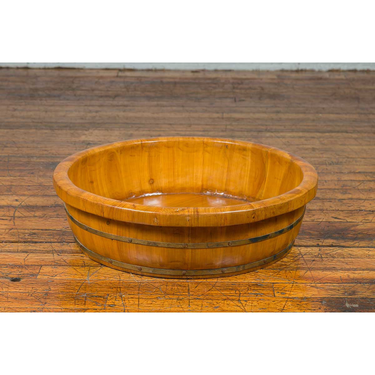 Chinese Qing Dynasty Period 19th Century Elm Round Rice Tray with Brass Braces-13. Asian & Chinese Furniture, Art, Antiques, Vintage Home Décor for sale at FEA Home