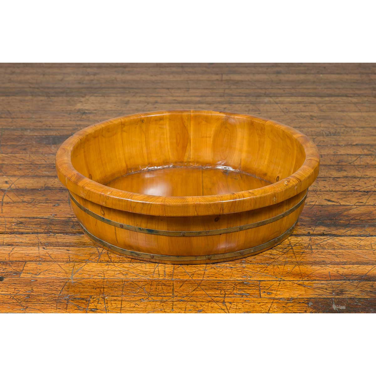 Chinese Qing Dynasty Period 19th Century Elm Round Rice Tray with Brass Braces-14. Asian & Chinese Furniture, Art, Antiques, Vintage Home Décor for sale at FEA Home