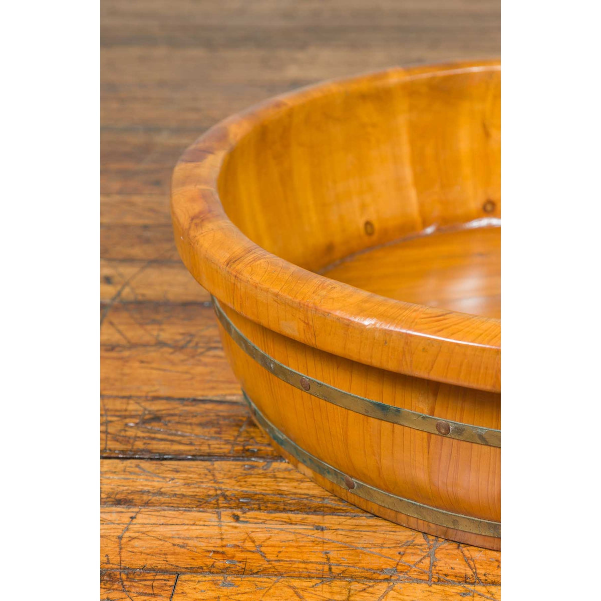 Chinese Qing Dynasty Period 19th Century Elm Round Rice Tray with Brass Braces-5. Asian & Chinese Furniture, Art, Antiques, Vintage Home Décor for sale at FEA Home