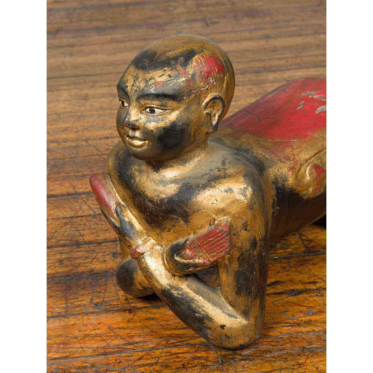 Vintage Thai Ceremonial Gilt Carved Temple Guardian with Black and Red Patina-4. Asian & Chinese Furniture, Art, Antiques, Vintage Home Décor for sale at FEA Home